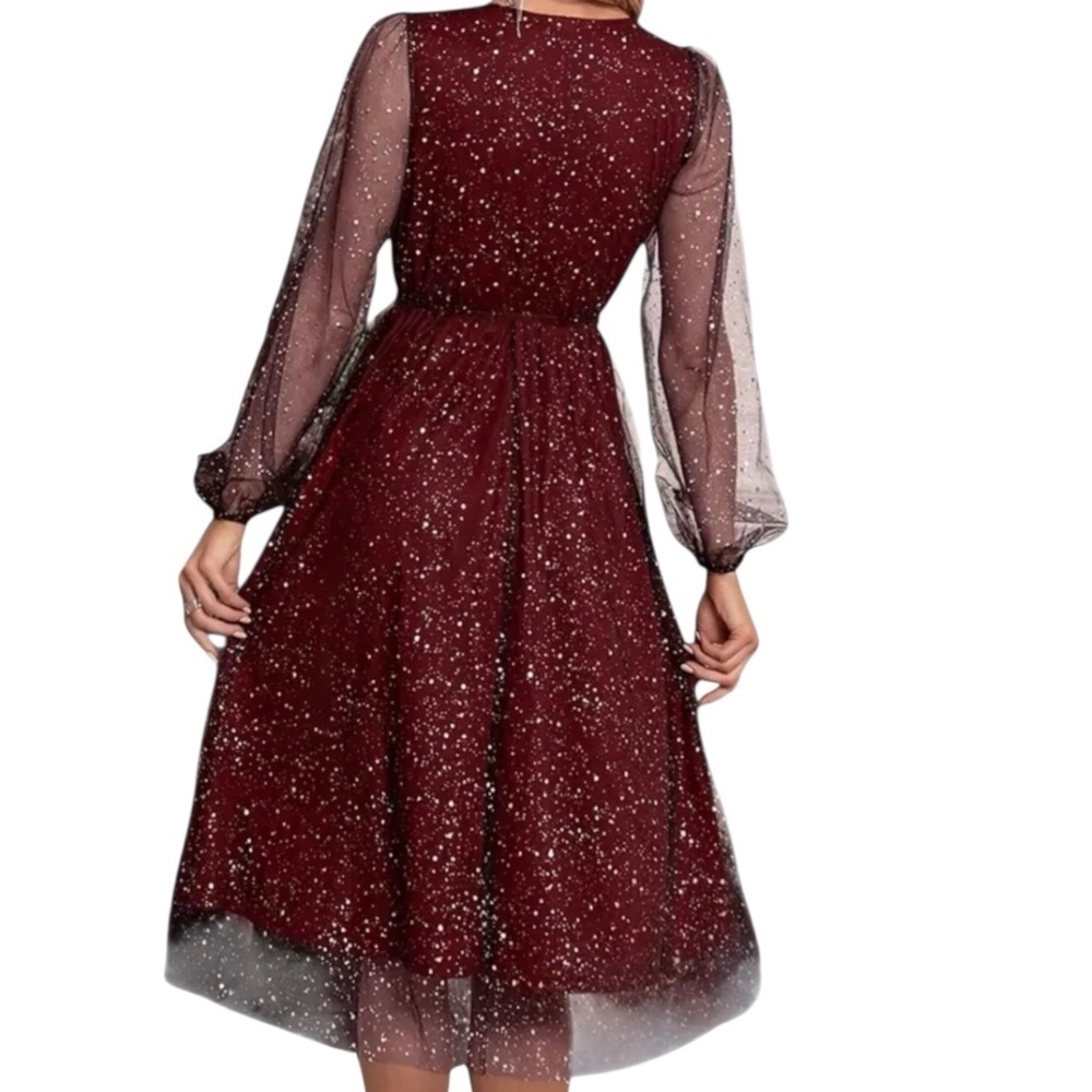 Women’s Shiny Mesh Lantern Sleeve Dress - Picture 7 of 13